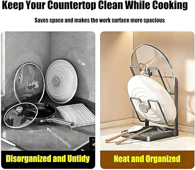Kitchen Pot Lid Storage Rack, Stainless Steel Pot Lid Organizer & Holder, Lid and Spoon Rest with Drip Tray While Cooking, Space Saving for Countertop, RV, and Small Kitchens (Beige)