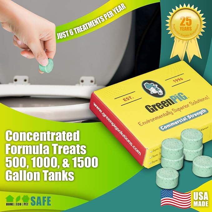 Green Pig Septic Tank Treatment Pucks – Enzyme & Bacteria-Based Treatment for Preventative Septic Maintenance, Helps Reduce Odors & Buildup, 1-Year Supply (6 Pucks)