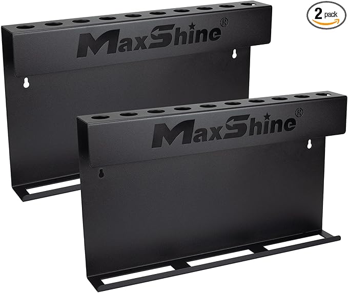 Maxshine Universal Brush & Trigger Bottle Holder (2-Pack) – Wall-Mount Organizer Holds 20 Brushes & 12 Spray Bottles – Black Powder-Coated Metal Rack for Garage, Auto Detailing Shop & Car Care Storage