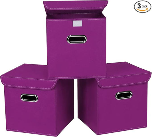 Closet Organizers Fabric Storage Bins With Lids Collapsible Cube Storages Organizer Basket With Handles,Storage Boxes for Clothes Storage,Office,Toys,3 Pack,（Purple