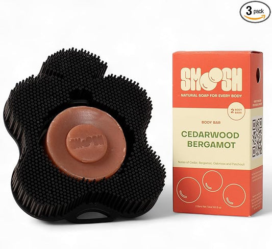 Smoosh® Body Scrubber, Black & 2-Count Bar Soap, Cedarwood Bergamot - Silicone Body Scrubber with Embedded Bar Soap for Shower Exfoliation and Cleansing