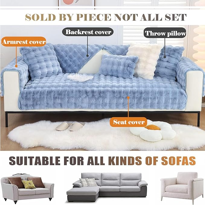 Soft Warm Faux Fur Couch Sofa Cover Thick Shaggy Fuzzy Sectional Couch Cover Non-Slip Solid Color Plush Sofa Slipcover Furniture Protector for Kids, Pets (Light Blue,28"x82")