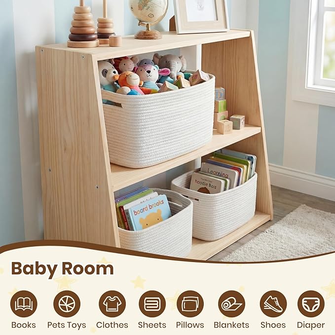Storage Baskets for Organizing, 14 x 10 x 9” Closet Shelf Woven Baskets, Square Bins with Handles, Cotton Rope Basket for Toys, Clothes, Office, Room, White 3 Pack