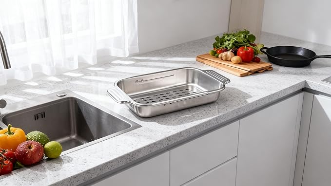 AYNEFY Extendable Over The Sink Basket Expandable Stainless Steel Colander 304 Food Grade Strainer for Washing Vegetables Fruits Pasta Dishes with Rubber Grip Handles (S)
