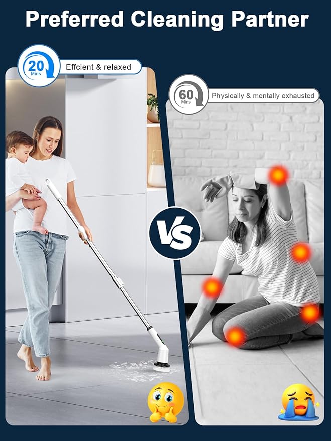 Shower Scrubber with Long Handle for Cleaning Bathroom, Electric Spin Scrubber Cleaning Brush with IPX7 Waterproof & 2Speed, 3Brush Heads, Bathroom Cleaning Supplies for Shower Tub Kitchen Tile Toilet