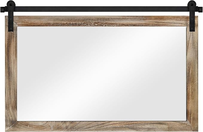 COGOOD Farmhouse Barn Door Mirror - 41" x 26" Rustic Wood Framed Wall Mirror for Bathroom, Living Room, Entryway Wall Decor (Striped Brown)