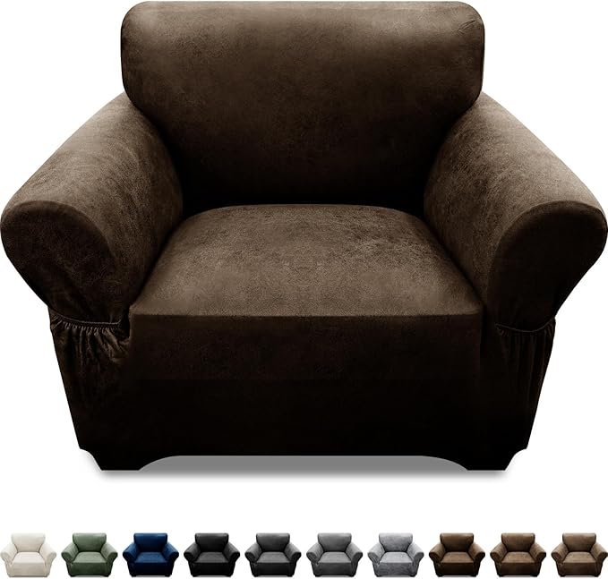 Single Sofa Cover Leather Look Chair Covers for Living Room 1-Piece Sofa Chair Covers with Arms Stretch Furniture Protector with Elastic Bottom & Pockets(Armchair, Coffee)