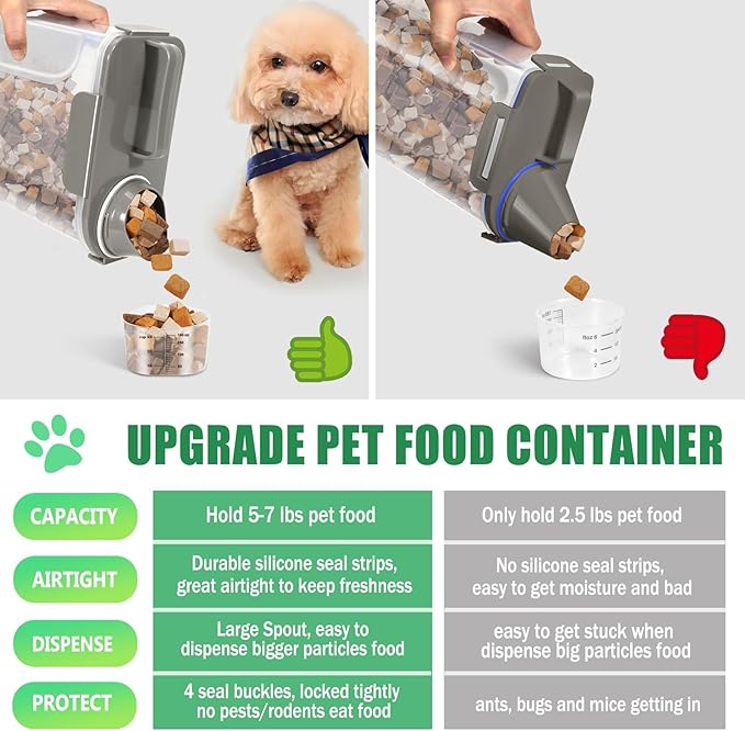 5-7LBS Upgraded Large Nozzle Cat Dog Food Storage Container BPA-free, Airtight Pet Food Storage Bin with 4 Lock Buckles, Sealing Gasket, Cup for Pet Food, Dog Treats, Rice, Flour, Dry-Crey