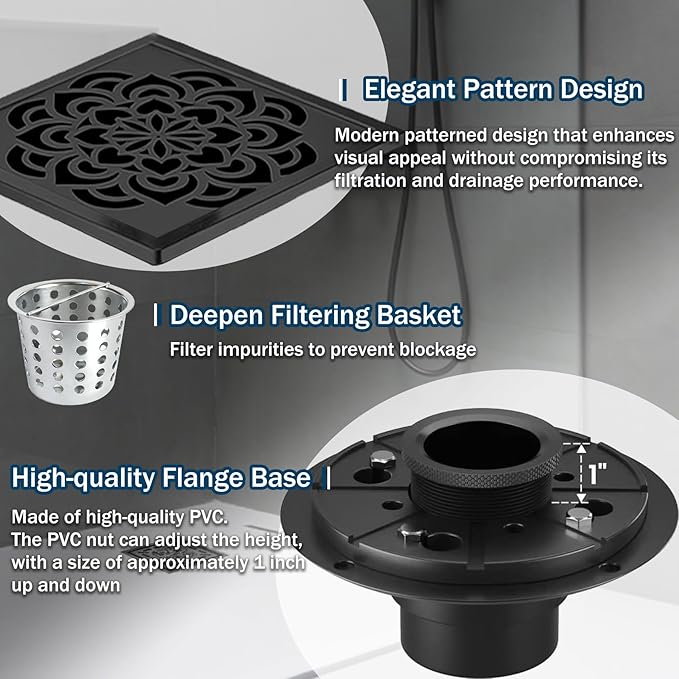 6 Inch Shower Drain, Square Shower Floor Drain Kit with Flange and Removable Cover Grate, AISI 304 Stainless Steel, Matte Black
