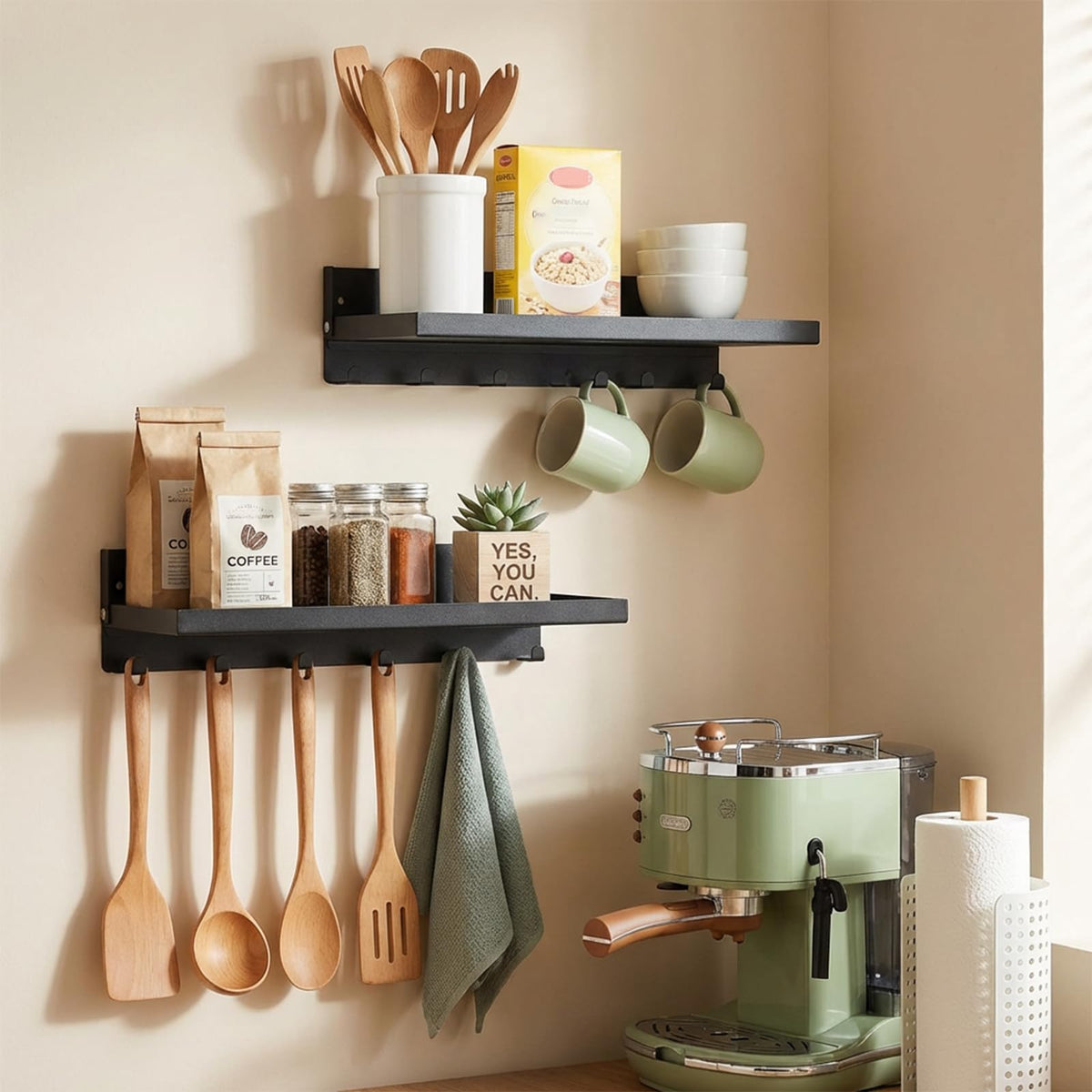 2 Pack Black Folding Wall Shelf with Hooks, Fold Down Wall - Image 1