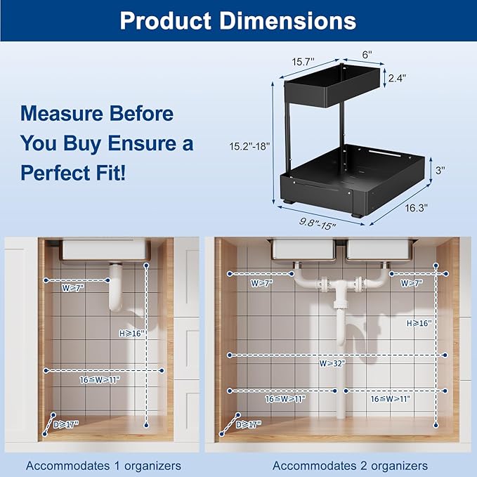Insputer 2 Pack Under Sink Organizer Expandable Width 9.8"-15" & 2 Tier Under Sink Organizer with 3 Slide Rails, Under Cabinet Storage Expandable 15"-25"