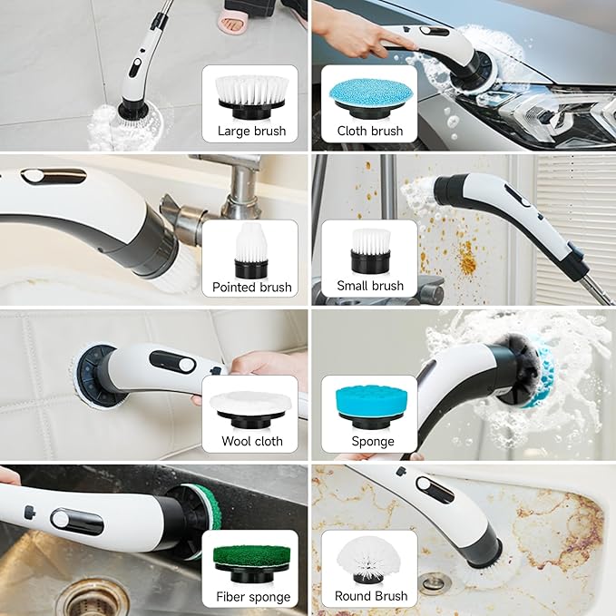 PUNOMO Electric Spin Scrubber, 2026 Upgraded Cordless Cleaning Brush Bathroom Scrubber with 8 Replaceable Brush Heads, Adjustable Long Handle Power Scrubber for Bathtub Shower Kitchen Floo