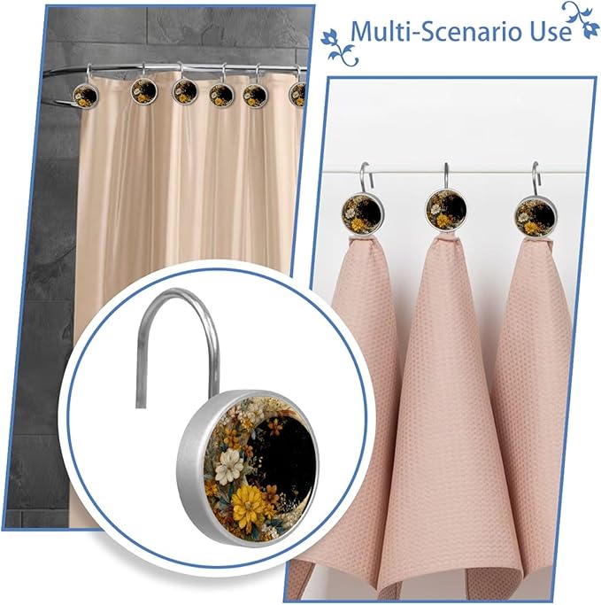 12 Packs Moon with Flowers Shower Curtain Hooks, Stainless Steel Glass Shower Curtain Rings for Bathroom Decor, Metal Rustproof Curtain Rod Hooks