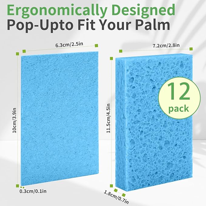 Non-Scratch Kitchen Sponges 12 PCS | Compressed Cellulose Sponges | Natural Biodegradable Sponge for Kitchen Dishes Bathroom Cars | DIY Cut-Outs