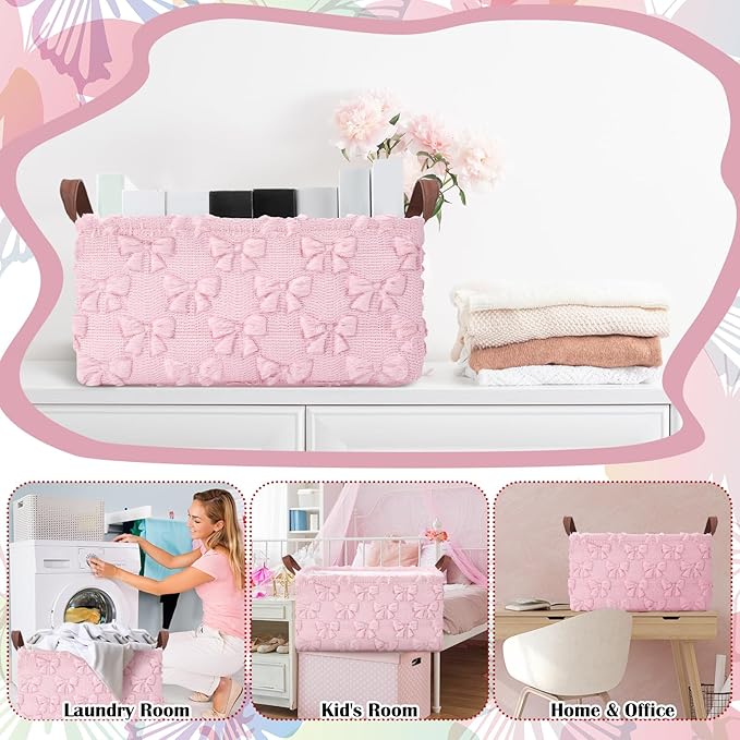 Kathfly 3 Pcs Bow Foldable Storage Baskets Pink Bow Plush Faux Fur Jacquard Design Laundry Basket with Handles Waterproof Storage Bins Fabric Shelf Baskets for Organizing Closet Clothes