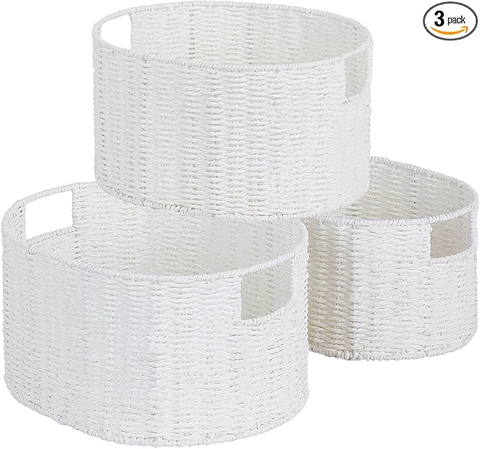 Vagusicc Wicker Storage Basket, Set of 3 Hand-Woven Paper Rope Storage Baskets for Organizing, Round Storage Basket With Handles, Large Wicker Storage Organizer Bins Baskets for Shelves & Decor, White