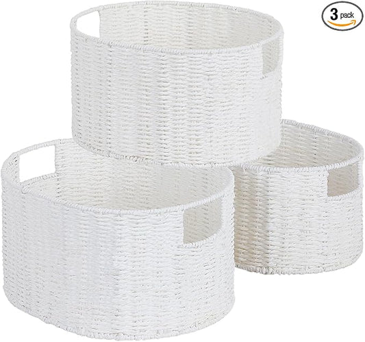 Vagusicc Wicker Storage Basket, Set of 3 Hand-Woven Paper Rope Storage Baskets for Organizing, Round Storage Basket With Handles, Large Wicker Storage Organizer Bins Baskets for Shelves & Decor, White