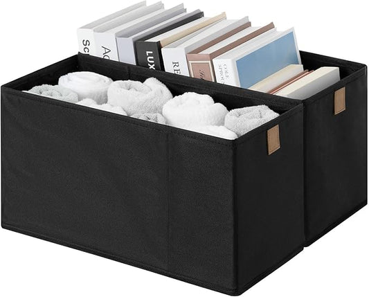 StorageWorks Long Narrow Storage Basket, Collapsible Fabric Storage Bins, Small Baskets for Organizing with PU Handle, Great for Clothes, Towels, and Socks, Black, 2-Pack