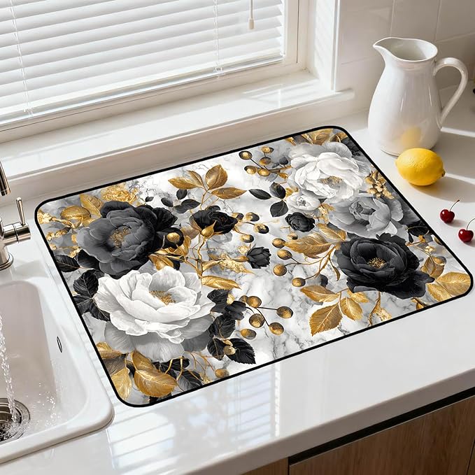 Glass Stove Top Covers for Electric Stove, Heat Resistant Counter Protector Mat, Non Slip Waterproof Surface Cover for Kitchen Counter and Cooktop (Gold Floral, 28"L x 20"W)