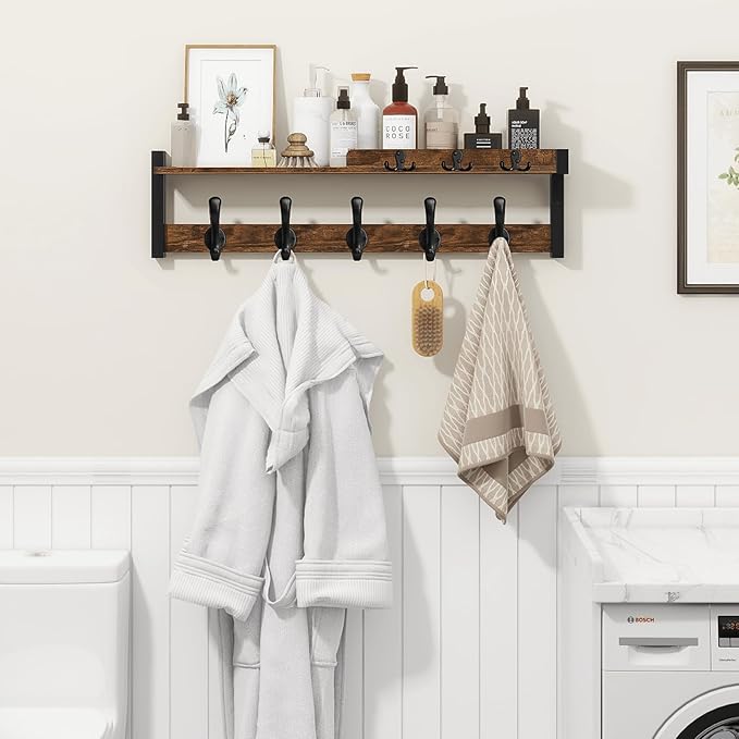 Homode Coat Rack Wall Mount with Shelf, Entryway Coat Hanger with Key Hooks and Mail Holder, 29 Inch Wood Floating Shelf with Hooks and Storage, Key Holder Mail Organizer, Rustic Brown