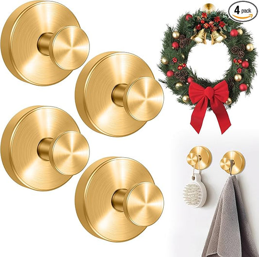 4Pcs Suction Cup Hooks for Wreaths, Shower Suction Cup Hooks, Strong Suction Cup Hanger for Front Door, No-Drill & Removable Holders for Window Glass, Bathroom, Kitchen Mirror, Wall (Gold)