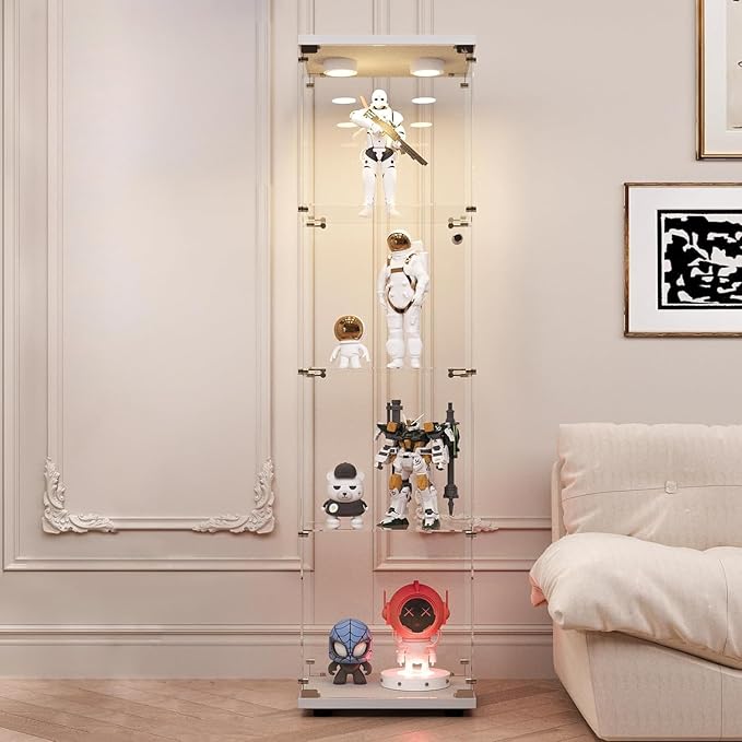 LFT HUIMEI2Y Glass Display Cabinet with LED Lights and Lock, 4-Shelf Curio Cabinets with Door, Tempered Glass Collection Display Showcase for Bedroom, Living Room 65”x 17”x 14.5” White