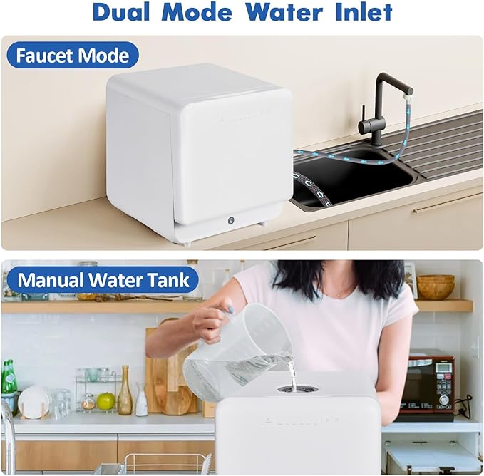 Countertop Dishwasher, Mini Dishwasher with Faucet & Manual Water Tank(5L) Modes Water Inlet, Compact with More Space Inside,6 Programs Ideal for RV & Apartments, No Hookup Needed