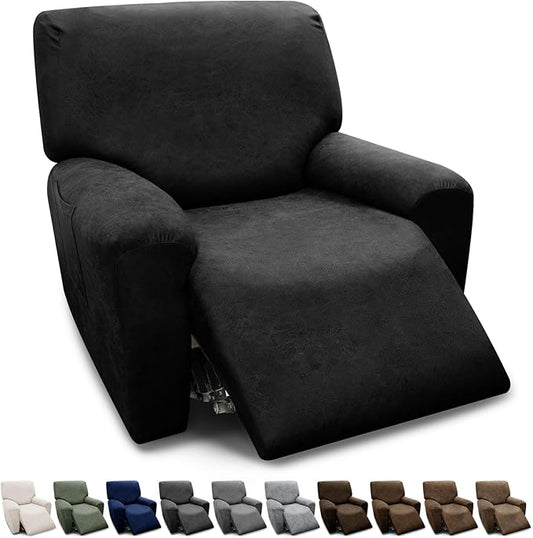 Chair Covers 4-Pieces Recliner Chair Covers 1 Seater Cover for Recliner Chair Leather Look Recliner Slipcovers with Pockets Spandex Fabric Furniture Covers(XL Recliner, Black)