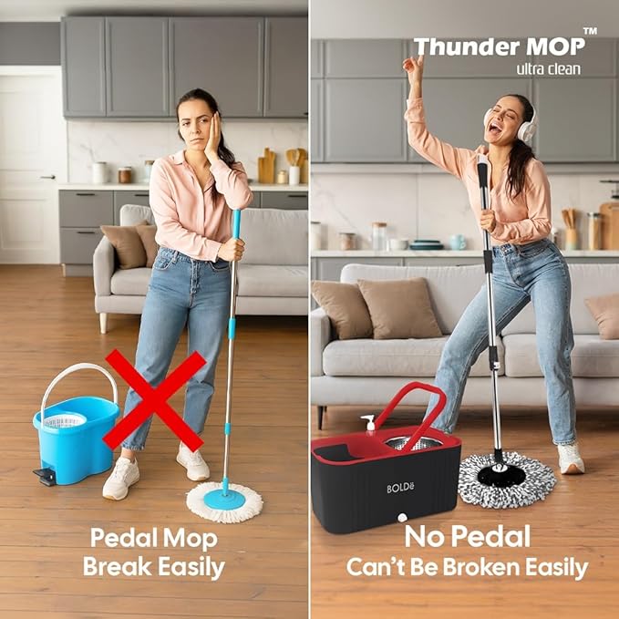 Thunder MOP Spin System - Ultra Clean - Single Bucket Microfiber Head, Stainless Steel Wringer, Antifungal Quick-Dry Cleaning, Soap Dispenser, 3 Free Refills (Black/Red)