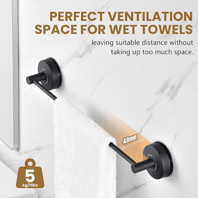 JOMOLA Towel Bar Suction Hand Towel Rack for Bathroom Stainless Steel Kitchen Towel Rail Holder Storage Hanger No Drilling Towel Bar Matte Black,17 inches