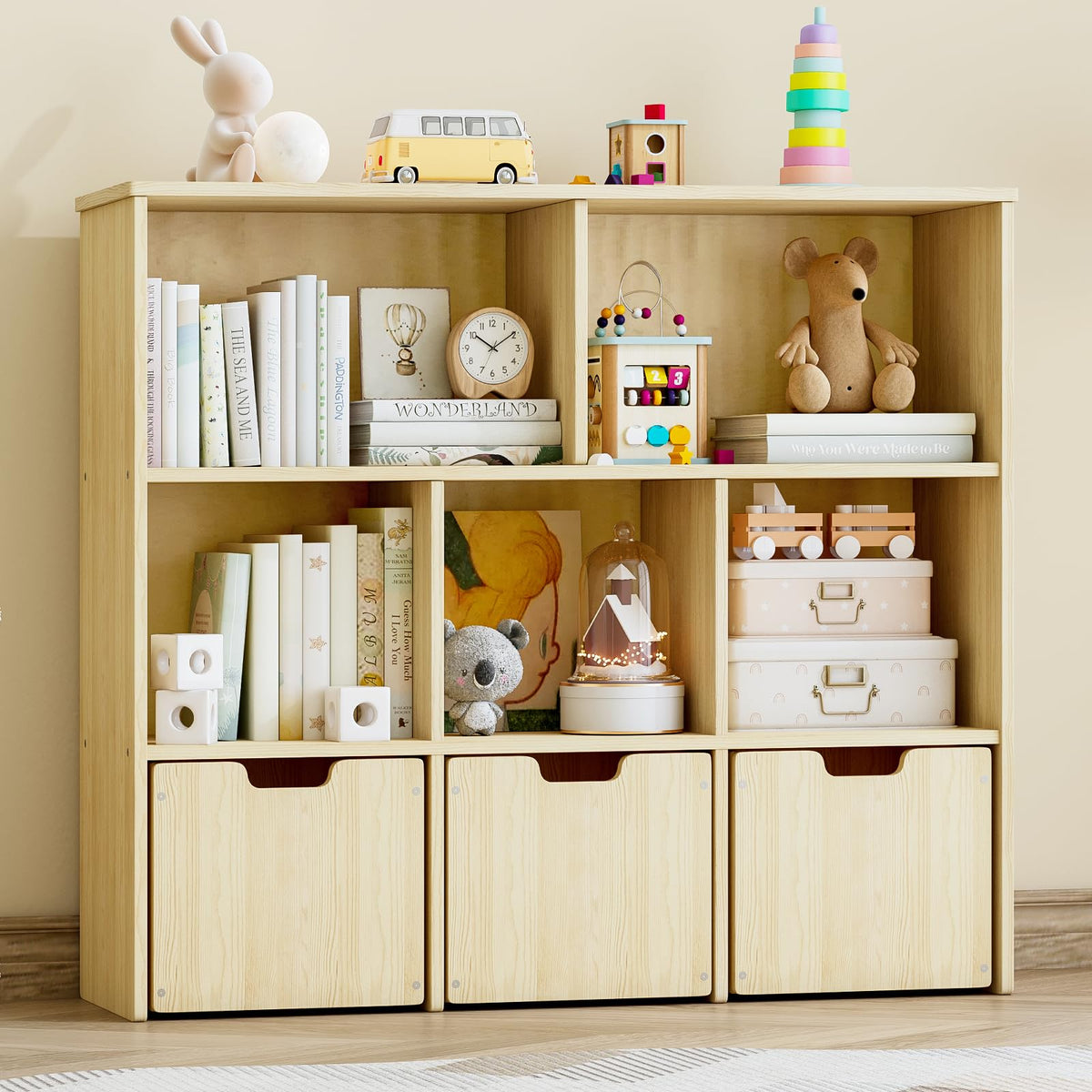 Solid Pine Wood Toy Storage Organizer, Kids Bookshelf - Image 1