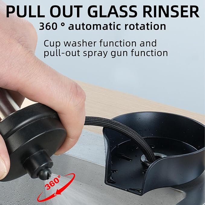 Glass Rinser for Kitchen Sink Glass Rinser with Pull-Out Spray High Pressure 360° Rotating Faucet Glass Rinser Cup Cleaner Bottle Washer for Bar Cafe Sink