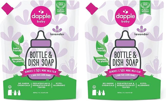 Dapple Baby Bottle Soap, Hypoallergenic Dish Soap for Baby Bottles, Powered by Plants, Lavender, 34 Fl Oz Refill (Pack of 2)