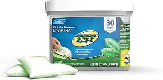 Camco TST RV Toilet Treatment Drop-INs - Control Unwanted Odors and Break Down Waste and Tissue - Safe Septic Tank Treatment - Fresh Scent - 30-Pack (40263)