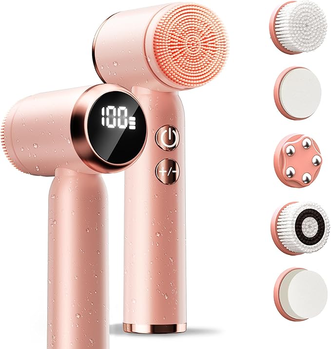 Electric Face Scrubber & Facial Cleansing Brush - 6-in-1 Exfoliating Face Scrubber Kit, 3 Speeds, IPX6 Waterproof Face Brush for Deep Cleaning, Massage & Gentle Exfoliation-Pink