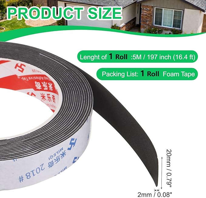 PATIKIL Sponge Rubber Foam Tape, 25/32" W x 5/64" t x 16.4ft l Self-Adhesive Foam Insulation Tape Weather Stripping for Window Door Soundproofing Weatherstrip AC Seal Strip, Black