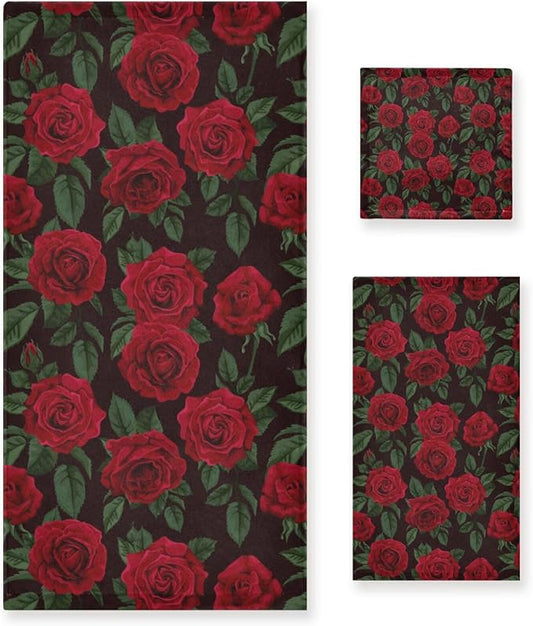 3 Piece Red Rose Floral Bath Towel Set,Microfiber Absorbent Decorative Vintage Flower Green Leaves Black Bathroom Towels,1 Bath Towel 1 Hand Towel for Bathroom Kitchen,1 Washcloth for Body Face