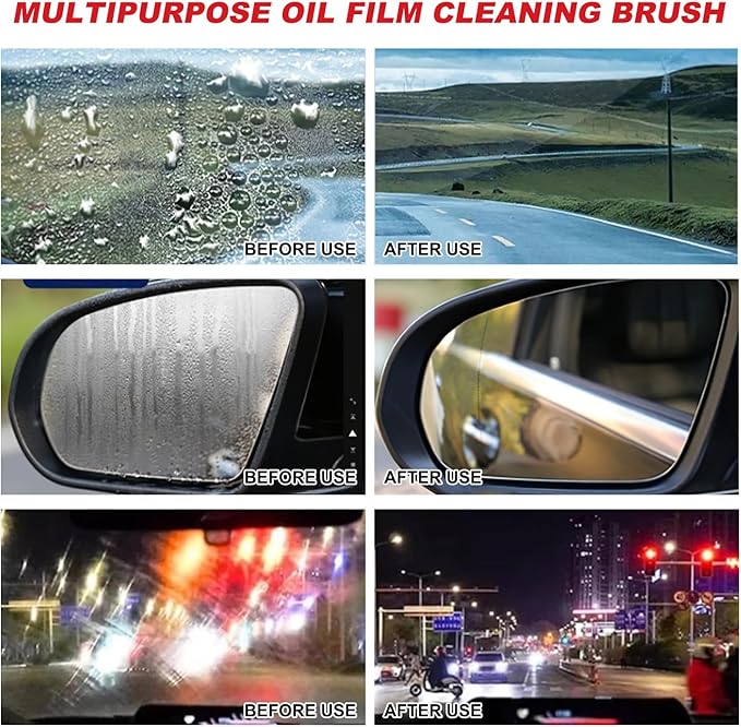 Automotive Oil Film Cleaning Brush New Glass Coating for Windshield Glass Oil Film Remover,Clear Vision Glass Cleaner with Refill for Windshield Improves Clarity and Visibility(2PCS)