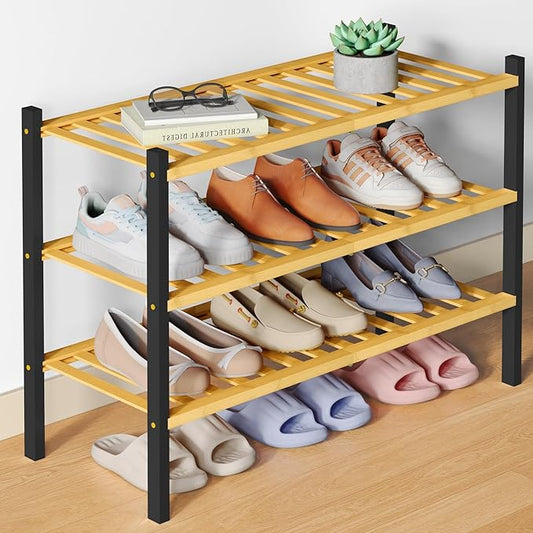 Smiry Bamboo Shoe Rack for Closet, 3 Tier Wooden Stackable Shoe Organizer, Free Standing Shoes Storage Shelf for Entryway, Front Door Entrance, Natural & Black