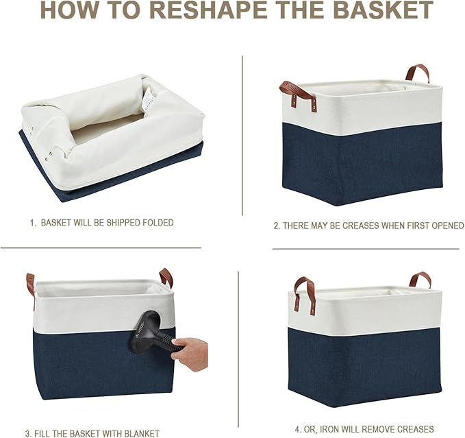 DECOMOMO Extra Large Storage Baskets, Fabric Storage Bins with Handles for Organizing Shelves, Toys, Nursery, Laundry (Navy Blue & White, 3pcs)