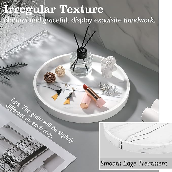 Emibele Vanity Tray, Resin Round Tray Decorative Storage Organizer for Bathroom Toilet Tank Bedroom Kitchen Countertop, Jewelry Storage Dresser Tray for Candle, Lotion Bottle, Cosmetics, Gravel White
