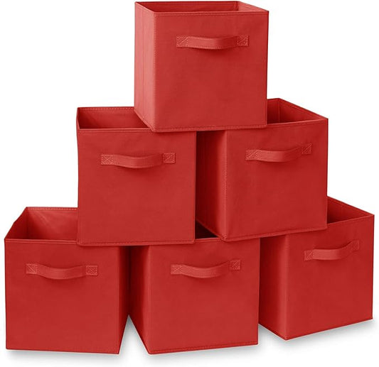 Casafield Set of 6 Collapsible Fabric Cube Storage Bins, Red - 11" Foldable Cloth Baskets for Shelves, Cubby Organizers & More