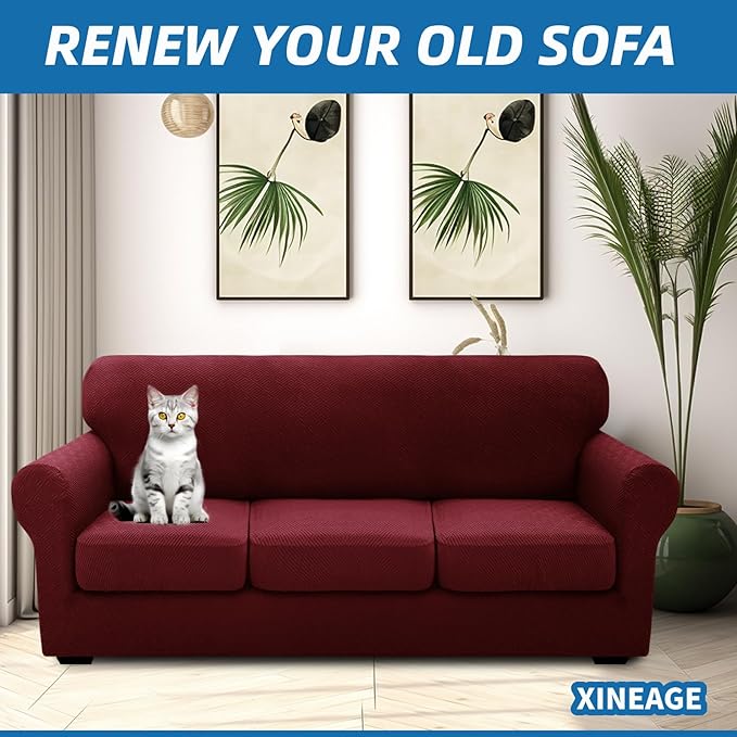 XINEAGE 2025 New 4 Pieces Couch Covers for 3 Cushion Couch Super Stretch Thick Soft Sofa Cover Anti Slip Sofa Slipcover Dogs Cats Furniture Protector (Wine Red, 71"-91")