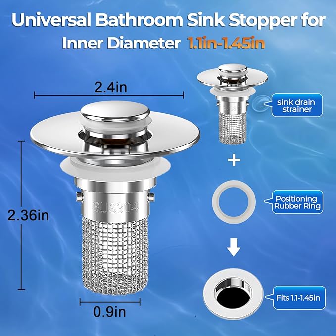 Sink Stopper Hair Catcher,(2PCS) Pop-up Sink Drain Strainer with Removable Stainless Steel Strainer Basket Hair Catcher, Bathroom Sink Strainer for Bathroom Sink Stopper Replacement