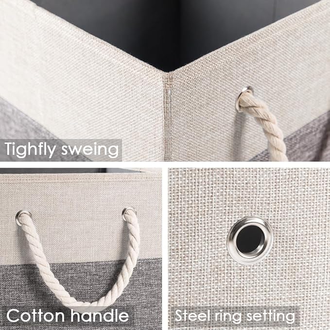 PRANDOM Large Foldable Cube Storage Bins 11x11 inch [2-Pack] Fabric Linen Storage Baskets Cubes Drawer with Cotton Handles Organizer for Shelves Nursery Closet Bedroom White and Grey