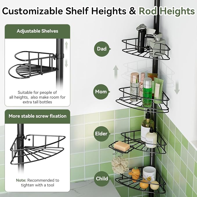 Corner Shower Caddy Tension Pole-4 Tier Adjustable Bathroom Shower Organizer with Soap Holder, Rustproof Shower Shelves Shower Rack for Inside Shower, Bathtub Shampoo Storage 29-118", Black