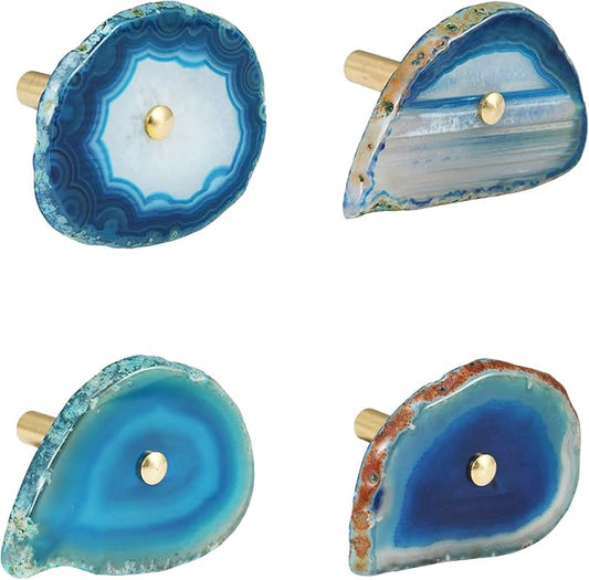 4 Pcs Unique Agate Blue Coat Hooks - Wall Mounted Decorative Hooks with Brass Finish - Holds Hats, Bags, Curtains