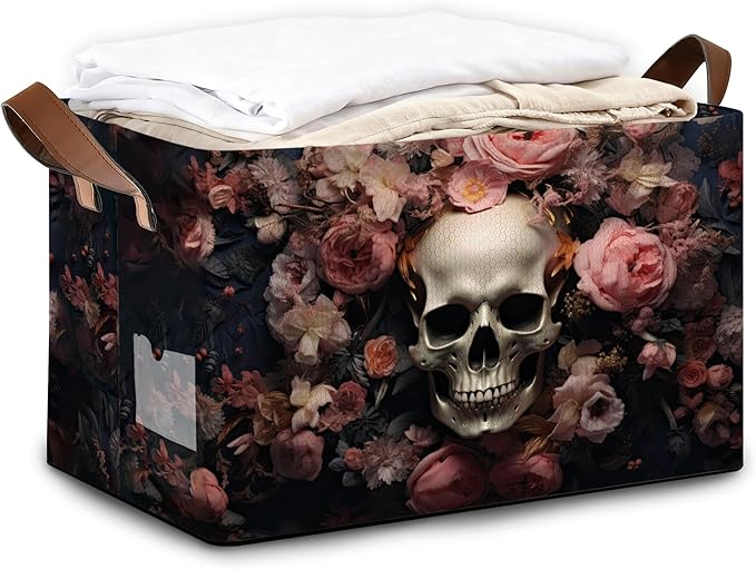 Pink Flower Skull Storage Bins with Handles, Collapsible Storage for Clothes, Gift Basket, Blankets & Closet Organization