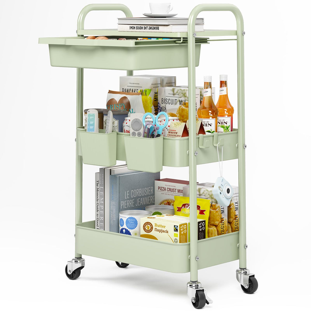 KINGRACK 3 Tier Metal Rolling Cart with Drawer, Green Utility - Image 1