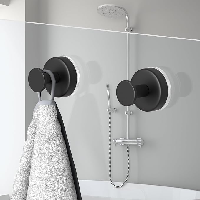 PMMASTO Suction Cup Hooks for Shower, Stainless Steel Bathroom Hooks to Hang Towels, Loofah, Coat, Bath Robe Hook Holder - Bathroom, Kitchen, Glass Door, Mirror, Tile (Black O Shape - 4 Pack)
